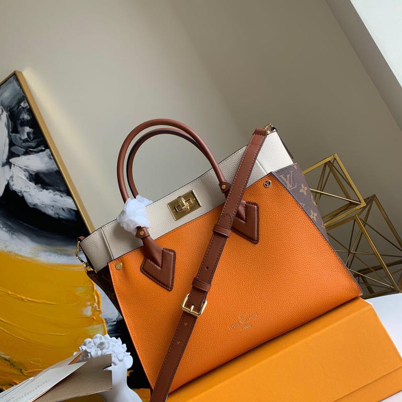 LV Handbags Tote Bags M56077 Full leather side aged orange mixed with rice white mixed with caramel